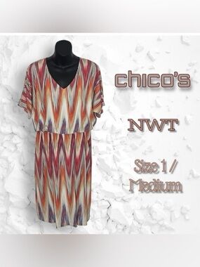 Chico’s NWT Ikat Print Multicolor Short Sleeve Dress Size Medium(Chico’s Size 1)